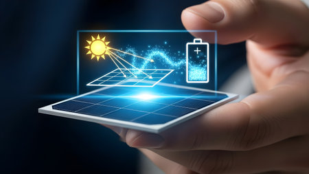 Hand holds a solar panel with sun rays and battery charging animation depicted Clear details and ...
