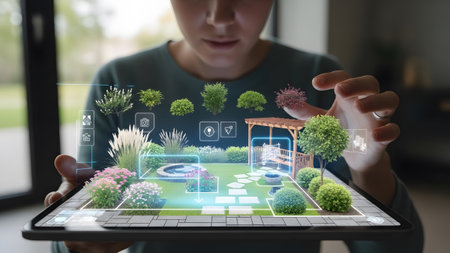 Woman viewing a holographic garden design on a tablet with interactive icons. Clear details and v...
