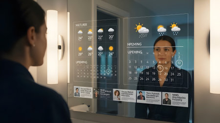 Woman views a smart mirror displaying weather, calendar, and news headlines in a well-lit room.