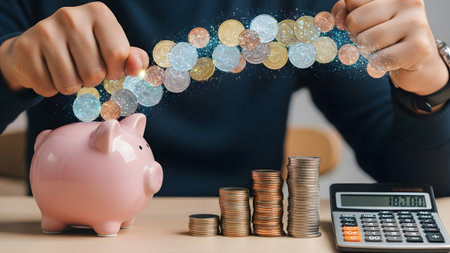 A pink piggy bank receives falling coins next to stacks of money and a calculator. Clear details ...