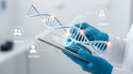 Scientist in blue gloves holds tablet displaying DNA helix and medical icons. Clear details and v...