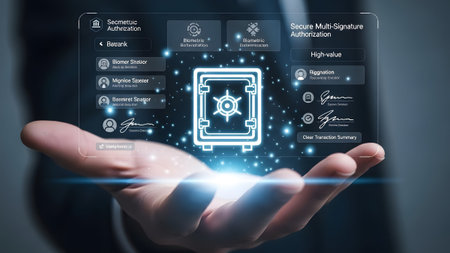 Futuristic interface displaying secure multi-signature authorization with a glowing safe icon.