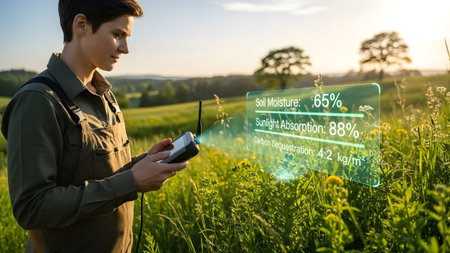 A woman examines agricultural data on a holographic display in a field. Clear details and vibrant...
