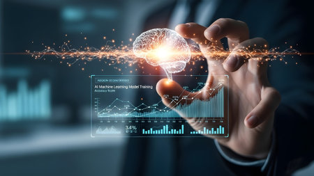 Hand interacts with AI machine learning data and a digital brain overlay. Clear details and vibra...