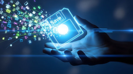 A hand holds a glowing floppy disk icon with a stream of colorful digital files flowing from it.