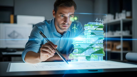 Engineer interacts with a holographic model of a sustainable building on a digital desk.