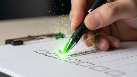 Hand uses pen to mark a checkbox on a document with a glowing green checkmark. Clear details and ...