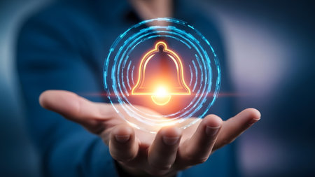 Hand holding a glowing digital notification bell with futuristic HUD elements around it Clear det...