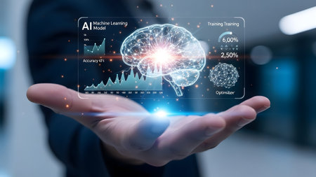 A hand holds a holographic projection of an AI model with a brain, neural network, and data...