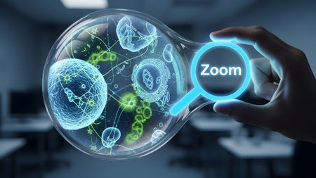Hand holds magnifying glass over microscopic cells in a bubble Clear details and vibrant colors e...