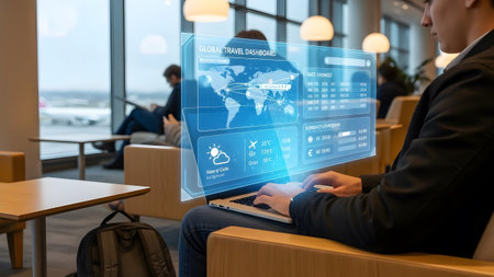 Person uses a laptop displaying a futuristic global travel dashboard in a lounge. Clear details a...
