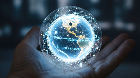 A hand cradles a glowing digital Earth surrounded by a network of light connections. Clear detail...の写真素材