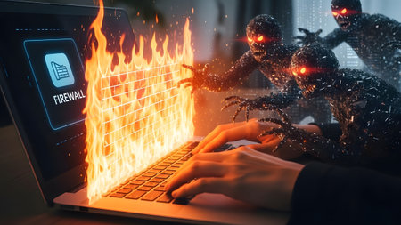 Laptop firewall burning intensely as monstrous malware creatures attack Clear details and vibrant...