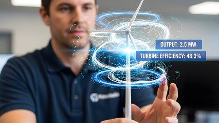 Man holds wind turbine model with swirling blue energy data visualization and efficiency metrics.