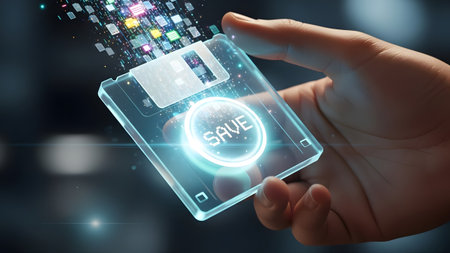 Hand holds transparent floppy disk with save text and colorful data stream Clear details and vibr...の写真素材