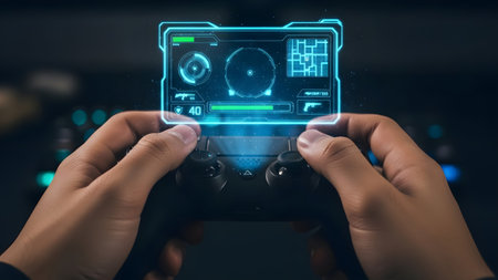 A person holds a game controller with a holographic interface showing a map and game data.