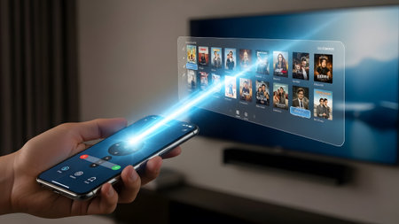 A smartphone projects a holographic interface to control TV content with glowing blue light.