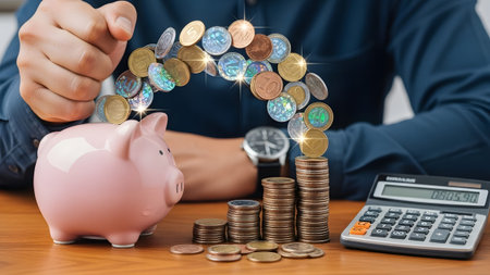 A pink piggy bank with coins flying into stacks next to a calculator on a wooden surface.