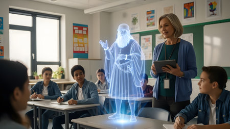 Teacher uses tablet to project a glowing blue hologram of Leonardo da Vinci in a classroom with...の写真素材