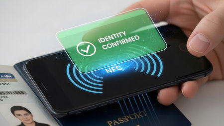 Smartphone displays NFC and identity confirmed message over an open passport Clear details and vi...