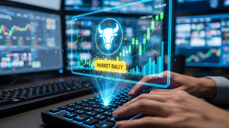 Trader uses keyboard with holographic stock market data and bull symbol for market rally