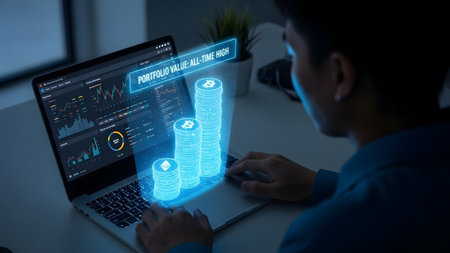 Person looking at a laptop with a holographic display of cryptocurrency portfolio performance.