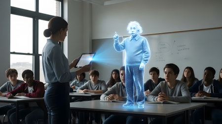 A teacher uses a tablet to project an Albert Einstein hologram for students in a classroom.の写真素材