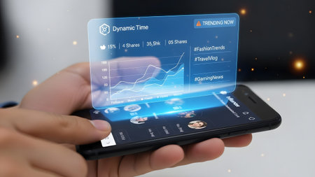 Smartphone displays holographic dynamic time and social media trending data Clear details and vib...