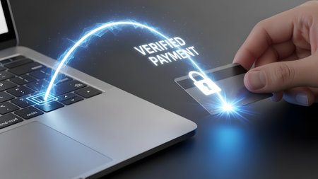 Credit card near laptop with verified payment and glowing digital lock icon Clear details and vib...