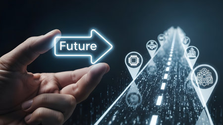 Hand holds glowing future arrow on a digital road with technological icons and data streams.の写真素材