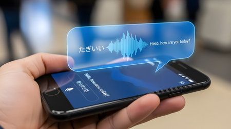 Smartphone screen displays language translation with audio waveform and text message. Clear detai...