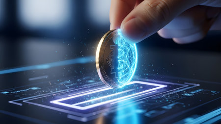 Hand inserts a Bitcoin coin into a futuristic digital interface with glowing circuits. Clear deta...