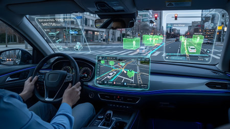 Person driving an autonomous car with an interactive dashboard and navigation system displayed.