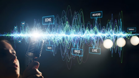 A microphone displays a vibrant sound wave visualization with labels for audio effects. Clear det...