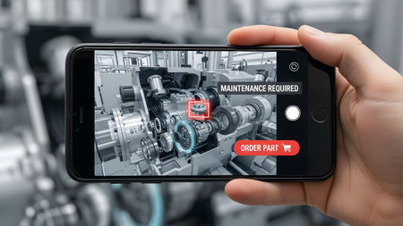 Smartphone displays AR view of machinery with maintenance alerts and order part button Clear deta...