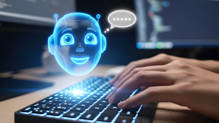 AI chatbot avatar appears above a glowing keyboard as a person types. Clear details and vibrant c...
