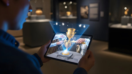 Person holding tablet viewing AR museum exhibit of a golden ancient goblet. Clear details and vib...