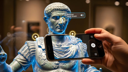 Smartphone displaying augmented reality overlay on an ancient Roman statue in a museum. Clear det...