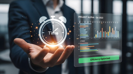 Businessman displays holographic alarm clock and project progress charts for efficiency Clear det...