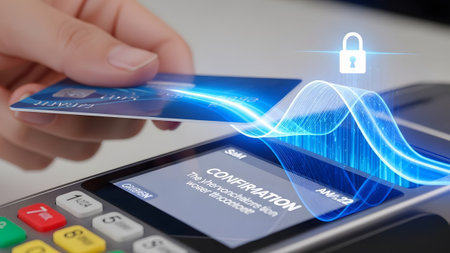 Credit card held above payment terminal displaying confirmation with security lock and data waves.