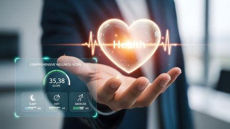 A man holds a glowing heart and a digital interface displaying health data and a wellness score.