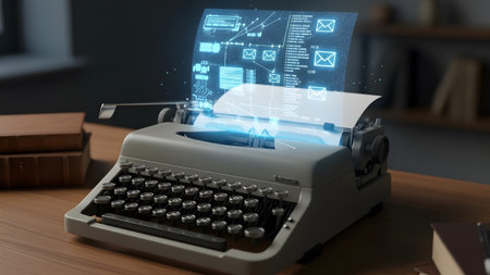 A vintage typewriter shows a holographic display of digital data and emails. Clear details and vi...