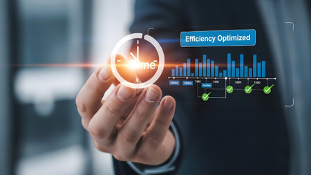Businessman holds holographic display with time icon and optimized efficiency data charts