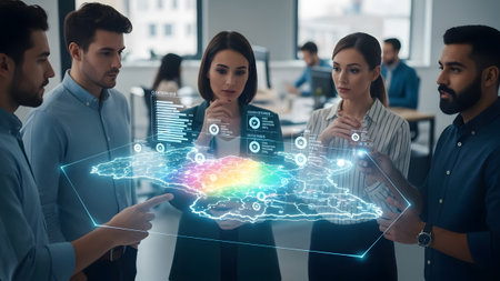 A diverse team collaborates around a holographic map displaying data visualizations in an office.