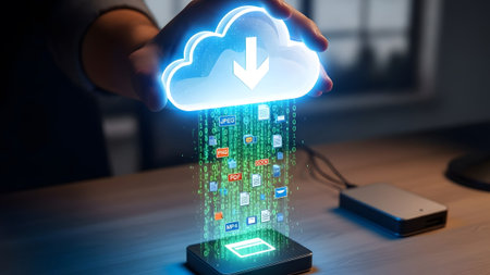 A hand holds a cloud icon, digital files and data flow to a device. Clear details and vibrant col...