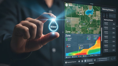 Close-up of hand interacting with holographic smart watering schedule interface. Clear details an...