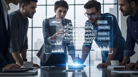 Business team collaborates on digital marketing strategy using holographic data interface