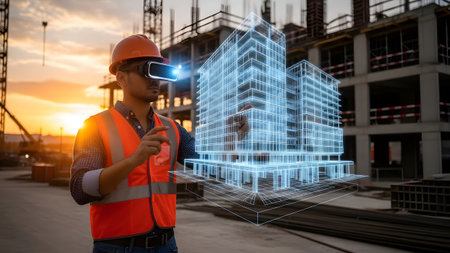 Construction worker in VR headset interacts with holographic building model at sunset. Clear deta...