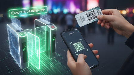 A hand scans a digital ticket on a smartphone at a modern event entrance turnstile. Clear details...