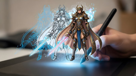 Hand drawing a fantasy warrior woman on a digital tablet with holographic layers. Clear details a...